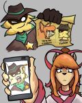  accessory ack anthro bodily_fluids canid canine ceroba_ketsukane claws clothing cowboy cowboy_hat crying duo electronics female finger_claws fox hair hair_accessory hair_tie hat headgear headwear hi_res humanoid male mammal meme orange_hair phone ponytail smug starlo_(undertale_yellow) tears undertale_(series) undertale_yellow what yellow_body yigar 