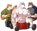  2019 abs anthro biceps canid canine clothing digital_media_(artwork) felid fur group hi_res kemono male mammal muscular muscular_male nipples pantherine pecs simple_background syukapong tiger 