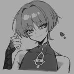  1boy armor bare_shoulders blunt_ends bodysuit bridal_gauntlets choppy_bangs closed_mouth covered_collarbone cropped_torso curled_fingers eyeliner genshin_impact grey_background greyscale hand_up head_tilt highres japanese_armor kote looking_at_viewer makeup male_focus mandarin_collar middle_ring monochrome moo_(moo_8986) portrait scaramouche_(genshin_impact) solo tsurime wanderer_(genshin_impact) 