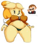  2019 4_fingers animal_crossing anthro belly blush bodily_fluids breasts butt canid canine canis clothed clothing color_edit colored digital_media_(artwork) domestic_dog duo edit eyewear female fur hair hi_res human isabelle_(animal_crossing) low-angle_view mammal midriff navel nintendo nipple_outline oddrich purple_yoshi_draws shih_tzu short_stack simple_background slightly_chubby sunglasses sweat thong toy_dog video_games villager_(animal_crossing) yellow_fur 