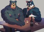  11:8 2019 alcohol anthro ashendawger beverage blush body_hair breathing canid canine canis chest_hair collar cool_dog_(meme) domestic_dog duo hi_res male mammal meme muscular muscular_male nipples patient_bear picnic_table ursid 
