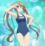  1girl 2017 armpits brown_hair covered_navel female game_cg long_hair name_tag nijino_yurika one-piece_swimsuit rokujouma_no_shinryakusha!? sakura_swim_club school_swimsuit screencap solo swimsuit tagme twintails very_long_hair 