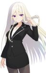  1girl adult black_jacket black_skirt business_suit commentary_request date_a_live ellen_mira_mathers highres jacket jewelry lime_ill_10 long_hair looking_at_viewer necklace office_lady pantyhose purple_eyes serious skirt skirt_suit solo suit white_hair 