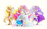  1boy 6+girls aino_megumi ankle_boots antenna_hair aqua_eyes ascot back-to-back belt black_belt black_hat blonde_hair blue_boots blue_bow blue_dress blush boots bow braid braided_bangs bridal_gauntlets brooch butterfly_hair_ornament closed_eyes clothing_cutout commentary cure_butterfly cure_fortune cure_fortune_(innocent_form) cure_honey cure_honey_(innocent_form) cure_lovely cure_lovely_(innocent_form) cure_majesty cure_princess cure_princess_(innocent_form) cure_prism cure_sky cure_wing cut_bangs detached_sleeves dress dress_bow earrings elbow_gloves ellee-chan fingerless_gloves frilled_dress frilled_shirt frilled_shorts frilled_skirt frilled_thighhighs frills from_side gloves gradient_hair green_eyes hair_bow hair_ornament half-dress happinesscharge_precure! hat highres hijiri_ageha hikawa_iona hirogaru_sky!_precure holding holding_microphone in-franchise_crossover jacket jewelry knee_boots kneeling layered_dress layered_gloves leg_ribbon long_dress long_hair looking_at_viewer low_ponytail magical_boy magical_girl medium_dress microphone midriff mini_hat mini_top_hat miniskirt mob_cap multicolored_hair multiple_girls navel nijigaoka_mashiro one_eye_closed oomori_yuuko open_mouth orange_boots orange_gloves orange_hair orange_jacket orange_shorts pantyhose pink_bow pink_gloves pink_hat pink_shirt pink_skirt pleated_skirt ponytail precure puffy_detached_sleeves puffy_short_sleeves puffy_sleeves purple_hair purple_pantyhose purple_shoes purple_skirt red_eyes ribbon shirayuki_hime shirt shoes short_sleeves shorts shoulder_cutout showgirl_skirt simple_background single_leg_pantyhose skirt skirt_bow sky_mirage sleeveless sleeveless_dress smile sora_harewataru standing standing_on_one_leg thigh_strap thighhighs top_hat twin_braids twintails two-tone_dress two-tone_hair two_side_up v very_long_hair white_ascot white_background white_bow white_dress white_gloves white_thighhighs wing_brooch wing_hair_ornament yuu13 yuunagi_tsubasa 