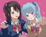  2girls bang_dream! bang_dream!_girls_band_party! black_hair blue_cardigan blue_eyes blue_nails blush bow bowtie brown_cardigan cardigan coldcat. commentary gyaru hair_ornament hairclip highres michelle_(bang_dream!) multicolored_nails multiple_girls nail_polish okusawa_misaki one_side_up open_mouth parallel_hairclips pink_background pink_nails purple_eyes red_bow red_bowtie simple_background sweatdrop upper_body 