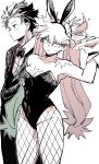  1boy 1girl alternate_costume animal_ears armpits bakugou_katsuki bare_shoulders bibiri_(r42r98r) black_bow black_bowtie black_hair black_jacket black_leotard boku_no_hero_academia bow bowtie breasts cleavage cocktail cocktail_glass collarbone commentary_request cowboy_shot cup drinking_glass fake_animal_ears fishnet_pantyhose fishnets freckles genderswap genderswap_(mtf) gloves groin hand_up hatching highres holding holding_tray jacket large_breasts leotard looking_at_viewer looking_to_the_side midoriya_izuku pantyhose playboy_bunny rabbit_ears scar scar_on_chest scar_on_shoulder signature spilling spot_color standing sweatdrop tray tsurime tuxedo twintails white_gloves 
