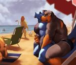  2019 anthro ball beach beach_ball blue_scales canid canine canis chair clothing cloud detailed_background domestic_dog dragon duo_focus eyes_closed eyewear felid glasses group hand_on_crotch hug jockstrap kristakeshi light lion male male/male mammal mastiff molosser muscular muscular_male pantherine rennin reyes rottweiler scales sea seaside smile sunlight swimming_trunks swimwear umbrella underwear volleyball_net water 