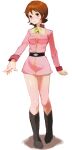  1girl ascot belt black_belt black_boots blush boots breasts brown_eyes brown_hair collared_dress commentary_request dress earth_federation fraw_bow full_body gundam highres knee_boots long_sleeves medium_hair military_uniform mobile_suit_gundam mososhi pink_dress shiny_skin short_dress simple_background small_breasts smile solo standing white_background yellow_ascot 
