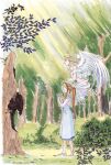  2girls aa_megami-sama absurdres angel angel_wings antenna_hair belldandy bird blonde_hair blue_eyes brown_hair bush dress earrings facial_mark feathered_wings forehead_mark forest hand_on_own_chest highres holy_bell jewelry multiple_girls nature non-web_source official_art sandals scan self-scan shirt_under_dress singing tree tree_stump wings 