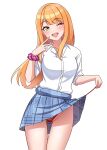 1girl blue_skirt cardigan cardigan_around_waist clothes_around_waist collarbone collared_shirt commentary dress_shirt gakuen_idolmaster green_eyes gyaru hatsuboshi_gakuen_school_uniform highres idolmaster long_hair looking_at_viewer mole mole_under_eye niban_(puka_0507) one_eye_closed open_mouth orange_hair panties pleated_skirt purple_scrunchie red_panties school_uniform scrunchie shirt shiun_sumika simple_background skirt skirt_rolled_up smile solo straight_hair underwear v v_over_mouth white_background white_shirt wrist_scrunchie 