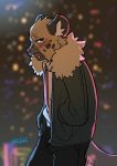  2019 aggressive_retsuko anthro black_nose blurred_background blush bottomwear brown_fur clothed clothing fangs fur haida half-closed_eyes hands_in_pocket hi_res hkl9917462 hyaenid jacket looking_aside male mammal necktie open_mouth pants portrait sanrio shirt signature solo spotted_hyena standing three-quarter_portrait topwear 