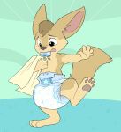  ambiguous_gender anthro bedding big_ears blanket canid canine cub cuddlehooves diaper fennec fox hi_res mammal on_one_leg pacifier pawpads solo standing young 