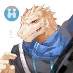  1:1 absurd_res anthro clothing hi_res lizard male mowang_yu red_eyes reptile scales scalie scarf simple_background solo spikes topwear white_background white_scales 