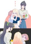  3girls ? absurdres akanbe amaya_tsubame anger_vein arimura_mao belt black_hair blonde_hair blue_shirt blue_skirt blue_sweater_vest carrying chinese_commentary commentary_request dropping eyelid_pull gakuen_idolmaster grey_eyes grey_shirt highres idolmaster juo_sena kiss kissing_cheek long_hair multiple_girls pinkblueke ponytail princess_carry purple_eyes red_hair shirt short_hair skirt sweater_vest tongue tongue_out yuri 