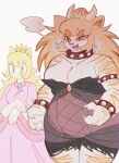  2024 2_horns alternate_form anthro armband bangs bare_shoulders big_breasts big_hands black_bra black_clothing black_dress black_underwear blonde_hair blush blush_lines bowser bowsette_meme bra bracelet breast_size_difference breast_squish breasts broad_shoulders cat_smile chromatic_aberration circle_eyebrows claws clothing collar collarbone countershade_breasts countershade_face countershade_torso countershading crossgender crown curled_fingers domestic_cat dot_eyes dress duo eyebrows eyelashes eyeliner felid feline felis female female/female finger_claws fur gem hair headgear hi_res horn jewelry long_hair looking_at_breasts makeup mammal mane mane_hair mario_bros medium_breasts meme meowser meowsette musclegut muscular muscular_female narrowed_eyes nintendo noseless one_fang open_mouth open_smile orange_body orange_fur orange_hair orange_stripes paws pink_clothing pink_dress pointy_ears portrait princess_peach pupils red_clothing red_dress red_eyes royalty simple_background simple_eyes size_difference sleeveless_dress slit_pupils smile smirk snaggle_tooth speech_bubble spiked_armband spiked_bracelet spiked_collar spikes squish stripes super_crown tabby_cat tan_body tan_fur three-quarter_portrait three-quarter_view torn_clothing torn_dress underwear white_background white_body white_fur wide_hips wolfertinger y_nose yellow_sclera 