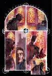  2boys absurdres blind blood blood_on_face bodysuit bullseye_(marvel) character_logo daredevil daredevil_(netflix) daredevil_(series) davidmackkabuki handshake highres horned_mask male_focus marvel mask multiple_boys print_bodysuit red_bodysuit superhero_costume 