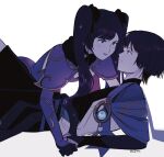 1boy 1girl adam's_apple anemo_symbol_(genshin_impact) aqua_eyes armor artist_name asymmetrical_bangs black_bodysuit black_bow black_bridal_gauntlets black_choker black_gloves black_hair black_shorts blue_cape blue_gem blue_kimono blunt_bangs blunt_ends blush bodysuit bow bridal_gauntlets cape choker closed_mouth commentary english_commentary eyelashes feathers fur-trimmed_cape fur_trim gem genshin_impact girl_on_top gloves gold gold_trim grey_eyes grey_lips hair_bow hetero highres japanese_armor japanese_clothes juban kimono kote kurokote long_hair looking_at_another mac_(polamac) mona_(genshin_impact) open_clothes open_kimono open_mouth pom_pom_(clothes) purple_rope purple_sash purple_sleeves reclining red_cape rope sash scaramouche_(genshin_impact) shorts side_cape star_(symbol) star_choker star_print swept_bangs tsurime turtleneck turtleneck_bodysuit twintails wanderer_(genshin_impact) white_background white_kimono white_mouth yellow_feathers 