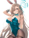  1girl absurdres animal_ear_hairband animal_ears asuna_(blue_archive) asuna_(bunny)_(blue_archive) bare_shoulders black_pantyhose blonde_hair blue_archive blue_bow blue_bowtie blue_eyes blue_halo blue_leotard blush bow bowtie breasts cleavage detached_collar fake_animal_ears gloves grin hair_over_one_eye hair_ribbon hairband halo highleg highleg_leotard highres jorgeywater large_breasts leotard long_hair looking_at_viewer mole mole_on_breast pantyhose playboy_bunny rabbit_ear_hairband rabbit_ears ribbon smile solo thighband_pantyhose very_long_hair white_gloves 