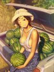  1girl a.x. absurdres blue_skirt blush braid braided_ponytail breasts brown_hair car_trunk cleavage commentary_request dated floral_print food fruit grass hat highres holding holding_food holding_fruit jewelry large_breasts looking_at_viewer necklace one_eye_closed original outdoors photo-referenced pink_lips sitting skirt smile solo sweat tank_top teeth trilby watermark watermelon white_tank_top 