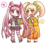  2girls anger_vein blonde_hair blunt_bangs commentary_request danganronpa_(series) danganronpa_2:_goodbye_despair danganronpa_another_episode:_ultra_despair_girls fake_horns floral_print floral_print_kimono food gummy_candy heart holding holding_food horns in-franchise_crossover japanese_clothes kimono multiple_girls obi orange_eyes orange_kimono osoji_moppu_(osoujimp) pink_eyes pink_hair print_kimono saionji_hiyoko sash short_twintails simple_background speech_bubble spoken_anger_vein spoken_heart trait_connection twintails utsugi_kotoko v-shaped_eyebrows white_background 