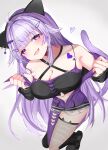  1girl absurdres ahoge alternate_hair_length_(longer) animal_ear_fluff animal_ears black_jacket blush breasts cat_ears cat_girl cat_tail cleavage collarbone commentary_request crop_top grey_background hair_ornament highres hololive jacket large_breasts long_hair long_sleeves looking_at_viewer nekomata_okayu nekomata_okayu_(gyaru) official_alternate_costume official_alternate_hairstyle open_mouth pantyhose purple_eyes purple_hair purple_jacket purple_pantyhose sakurada_327 short_shorts shorts simple_background single_thighhigh solo tail thighhighs torn_clothes torn_shorts two-sided_fabric two-sided_jacket very_long_hair virtual_youtuber white_shorts 
