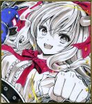  1girl :d bow bowtie chain commentary_request dutch_angle gourd hair_between_eyes hair_bow hajike_akira highres horns ibuki_suika long_hair looking_at_viewer marker_(medium) one-hour_drawing_challenge open_mouth red_bow red_bowtie shikishi shirt sleeveless sleeveless_shirt smile solo spot_color torn_clothes torn_sleeves touhou traditional_media upper_body 