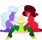  absurd_res alien anus blonde_hair blue_hair bodily_fluids breasts cartoon_network clothing eggshoppe female gem_(species) green_skin hair hi_res humanoid legwear looking_at_viewer one_eye_closed peridot_(steven_universe) presenting purple_skin pussy red_hair red_skin ruby_(steven_universe) sapphire_(steven_universe) smile spreading steven_universe sweat thick_thighs thigh_highs wink 