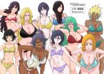  6+girls absurdres artist_name bambietta_basterbine black_bra black_hair black_panties bleach blonde_hair blue_bra blue_eyes blue_panties blunt_bangs blush bra braid breasts brown_eyes brown_hair cleavage collarbone crossed_arms crossed_bangs dark-skinned_female dark_skin english_text expressionless facial_mark french_braided_ponytail green_hair hair_tubes hand_in_own_hair hand_on_own_hip highres huge_breasts inoue_orihime kuchiki_rukia kurotsuchi_nemu large_breasts leaning_forward lingerie long_hair looking_at_viewer matsumoto_rangiku medium_breasts mole mole_under_mouth multiple_girls nekoranten nelliel_tu_odelschwanck number_tattoo open_mouth panties parted_bangs ponytail purple_eyes purple_hair purple_panties red_bra red_panties shihouin_yoruichi smile smirk stomach sui-feng tattoo tier_harribel underwear unohana_retsu white_background white_panties yellow_bra yellow_eyes yellow_panties 