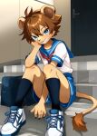  1boy bag black_socks blue_eyes blue_sailor_collar blue_shoes blue_shorts body_fur brown_hair child claws commentary door furry furry_male hand_on_own_cheek hand_on_own_face highres lion lion_boy looking_at_viewer neckerchief netiel on_stairs open_mouth original petite red_neckerchief sailor sailor_collar sailor_shirt school_bag school_uniform serafuku shirt shirt_tucked_in shoes short_shorts shorts shoulder_bag signature sitting slim_legs smile sneakers socks stairs tail white_shirt white_shoes 