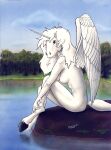  1997 anthro areola copyright_symbol equid equine feet female hand_on_foot hooves horn lake mammal mythological_creature mythological_equine mythology nipples nude on_rock plant rock side_view sitting sitting_on_rock skinny_anthro skinny_female smile smiling_at_viewer solo symbol tagme traditional_media_(artwork) tree unguligrade unicorn unicorn_(artist) unicorn_horn white_areola white_nipples 
