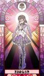  1girl akemi_homura akemi_homura_(magical_girl) argyle_clothes argyle_pantyhose black_collar black_hair black_pantyhose black_skirt braid collar collared_capelet faceless gapchun0_0 glasses hairband high_heels highres long_hair magical_girl mahou_shoujo_madoka_magica own_hands_together pantyhose purple_eyes red-framed_eyewear skirt solo stained_glass twin_braids 