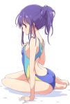  1girl arm_support ass barefoot blue_swimsuit breasts competition_swimsuit from_behind hair_between_eyes hand_on_own_chest highres hinata_yukari looking_at_viewer mel_(melty_pot) one-piece_swimsuit profile purple_eyes purple_hair simple_background sitting small_breasts solo swimsuit white_background yokozuwari yuyushiki 