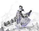  1girl absurdres armband black_dress black_hair blue_gem bow bowtie breasts cleavage cleavage_cutout clothing_cutout colored_inner_hair commentary detached_collar dress full_body gas_mask gatling_gun gem glasses gloves gun hair_ornament highres holding holding_gun holding_weapon huge_weapon jjooxi large_breasts layered_skirt leg_armor looking_to_the_side maid_headdress mask mechanical_arms minigun missile multicolored_hair name_tag notepad original pink_bow pink_bowtie purple_hair rubble short_hair side_slit skirt skull smoke solo standing star_(symbol) two-tone_hair weapon white_background white_gloves x_hair_ornament zettai_ryouiki 