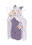  1girl animal_ear_hood blunt_bangs bodysuit breasts cloak covered_navel cropped_legs emilia_(re:zero) hair_ornament hand_on_own_hip highres hood hood_up jam_(jaaaaaaaamjam) long_hair long_sleeves looking_at_viewer medium_breasts musical_note one_eye_closed open_mouth pointing pointing_at_viewer purple_bodysuit purple_eyes re:zero_kara_hajimeru_isekai_seikatsu shrug_(clothing) simple_background smile solo white_background white_cloak white_hair white_shrug 