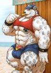  2019 abs absurd_res anthro areola beach black_areola black_nipples bulge claws clothing cutoff_shorts felid food fur grisser hat headgear headwear hi_res male mammal midriff muscular muscular_male navel nipple_piercing nipple_ring nipples obliques pantherine pecs penis piercing popsicle seaside shirt snow_leopard solo tank_top thong tongue tongue_out topwear vein veiny_penis white_fur 