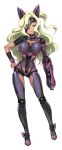  1girl android arm_cannon armor ass_visible_through_thighs blonde_hair blue_lips bodysuit breasts cleavage closed_mouth clothing_cutout contrapposto covered_navel cyborg dark-skinned_female dark_skin eyepatch full_body game_asset hand_on_own_hip headgear inoino jealousygil joints kouyoku_senki_exs-tia large_breasts lipstick long_hair looking_at_viewer makeup non-web_source official_art purple_eyes purple_lips red_lips robot_joints self-datamine simple_background smile solo standing tachi-e transparent_background turtleneck variant_set wavy_hair weapon wristband 