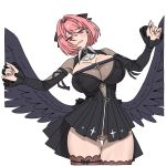  1girl ass_visible_through_thighs black_bow black_dress black_wings blush bow breasts brown_thighhighs chest_belt cleavage commentary_request cowboy_shot dress hair_bow hair_ornament hairclip hands_up highres korean_commentary large_breasts leaning_to_the_side looking_at_viewer low_wings medium_hair panties parted_lips pink_eyes pink_hair pointy_ears radiocupcake remielle_dan simple_background smile solo thighhighs underwear white_background white_panties wings zenless_zone_zero 