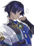 ... 1boy aqua_gem arm_at_side armor belt black_belt black_bodysuit black_bow black_bridal_gauntlets blue_cape blue_kimono blue_sleeves blunt_ends bodysuit bow bridal_gauntlets bright_pupils cape closed_mouth commentary_request covered_collarbone feathers gem genshin_impact gold hand_up highres japanese_armor japanese_clothes juban kimono kote kurokote layered_sleeves looking_to_the_side male_focus mandarin_collar nonoji_(nonoji_ekaki) open_clothes open_kimono pom_pom_(clothes) portrait purple_eyes purple_rope purple_sash rope sash scaramouche_(genshin_impact) short_sleeves side_cape solo spoken_ellipsis tsurime wanderer_(genshin_impact) white_background white_kimono white_pupils white_sleeves wispy_bangs yellow_feathers 