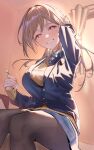  1girl absurdres black_jacket black_pantyhose blazer blue_eyes blue_ribbon blue_skirt blush breasts brown_hair feet_out_of_frame fingernails gakuen_idolmaster hatsuboshi_gakuen_school_uniform highres himesaki_rinami idolmaster indoors jacket large_breasts long_hair long_sleeves looking_at_viewer mimikaki neck_ribbon on_bed pantyhose ribbon school_uniform sitting skirt smile solo sweater tucking_hair yellow_sweater yuukyuu_(janh8455) 