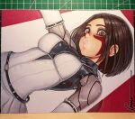  1girl alita arm_up battle_angel_alita black_bodysuit bodysuit breasts brown_eyes cyborg dress elbow_gloves facepaint facial_mark gloves joints looking_at_viewer mechanical_arms medium_breasts medium_hair omar_dogan photo_(medium) pink_lips puckered_lips red_background robot_joints sideways solo third-party_source traditional_media two-tone_background white_background white_dress white_gloves 