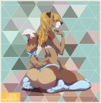  anthro big_butt blush bra butt canid canine clothing female hair hi_res kneeling legwear looking_back mammal panties solo stoopix thigh_highs underwear 