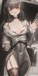  1girl bare_shoulders black_choker black_dress black_hair black_thighhighs blunt_bangs breasts brown_eyes choker covered_navel cup disposable_cup dress english_text garter_straps genek highres long_hair looking_at_viewer off-shoulder_jacket off_shoulder open_mouth original side_slit skindentation small_breasts thighhighs 