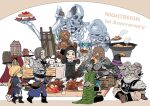  4girls 6+boys animal_head anniversary armor ascot bird_boy blindfold_mask blue_surcoat cauldron chibi colored_skin commentary_request company_name copyright_name cup duchess_(elden_ring) easel eating elden_ring elden_ring_nightreign english_text everyone executor_(elden_ring) eye_mask food full_body green_hood grey_skin grin group_picture guardian_(elden_ring) half_eye_mask hat_over_eyes helmet iron_menial ironeye_(elden_ring) mask multiple_boys multiple_girls ornate_clothes page_(elden_ring) painting_(action) pita_(food) raider_(elden_ring) recluse_(elden_ring) revenant_(elden_ring) roast_chicken roasting rokko_nr315 scale_armor scholar_(elden_ring) shrimp skeleton smile table undertaker_(elden_ring) white_ascot winged_helmet wylder_(elden_ring) yellow_eyes 