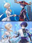  1boy 1girl arm_at_side arm_cutout armor bag belt black_belt black_bodysuit black_bow black_bridal_gauntlets black_gloves black_hair black_hat black_kimono black_mask black_nails black_shorts black_sleeves blonde_hair blue_cape blue_flower blue_gem blue_halo blue_kimono blue_sleeves blue_trim blunt_ends body_markings bodysuit bow breasts bridal_gauntlets cape closed_mouth clothing_cutout couple covered_collarbone detached_sleeves dress eyelashes eyeliner feathers fingerless_gloves flower from_side gem genshin_impact gloves glowing_markings gold gold_ring gold_trim hair_flower hair_ornament hakama hakama_shorts halo halo_behind_head halterneck hand_up hat hetero highres hip_vent holding_hands japanese_armor japanese_clothes jewelry jingasa juban kimono kote kurokote large_breasts layered_sleeves looking_at_another lumine_(genshin_impact) makeup mandarin_collar mask mask_on_hat middle_ring multicolored_flower neck_ring o-ring pleated_shorts pom_pom_(clothes) purple_bag purple_eyes purple_hair purple_rope purple_sash purple_sleeves red_eyeliner red_hat red_kimono red_sash rope sash scaramouche_(genshin_impact) scarf shimenawa short_hair short_hair_with_long_locks short_sleeves shorts shoulder_peek side_cape sidelocks smile snow20200 tareme time_lapse tsurime twitter_username two-tone_hat vambraces wanderer_(genshin_impact) watermark white_dress white_flower white_kimono white_rope white_scarf white_sleeves wispy_bangs yellow_eyes yellow_feathers 