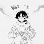  1girl ^_^ branch closed_eyes coat creature facial_mark facing_viewer flower forehead_mark grey_background greyscale hands_up highres master_ren_(reverse:1999) maxiemaxxx99 meme mole mole_above_eye monochrome paper_heron reverse:1999 smile solo tap_me_(meme) upper_body 