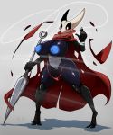  5_fingers areola arthropod big_breasts black_sclera blush breasts cloak clothing featureless female hi_res hollow_knight hornet_(hollow_knight) humanoid_hands insect karakylia mostly_nude pussy simple_background solo standing thick_thighs torn_clothing weapon 