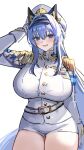  absurdres blue_eyes blue_hair breasts commentary_request goddess_of_victory:_nikke hair_intakes hat helm_(nikke) highres insignia jacket large_breasts long_hair long_sleeves looking_at_viewer marumai military_hat military_uniform naval_jacket naval_uniform open_mouth short_shorts shorts shoulder_boards simple_background smile white_background white_hat white_jacket white_shorts 