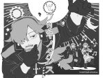  3boys ahoge arm_up belt black_background border closed_eyes closed_mouth coat collared_shirt covered_mouth crescent dancing dated genderswap genderswap_(ftm) gloves greyscale hair_over_one_eye hatsune_miku headset holding holding_microphone kasane_teto kasane_teto_(sv) kasane_teto_(utau) long_hair looking_at_viewer male_focus mature_male microphone miku-oji monochrome multiple_boys musical_note open_clothes open_coat open_mouth outside_border pants shirt shoes short_twintails shrimp simple_background star_(symbol) sun_symbol synthesizer_v twintails twitter_username utau vocaloid white_border ziriziri22 