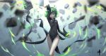  1girl arm_up black_dress breasts character_name covered_navel crossed_legs curly_hair dress floating_hair glowing green_eyes green_hair highres long_sleeves looking_at_viewer one-punch_man open_mouth pelvic_curtain short_hair small_breasts solo tatsumaki telekinesis wangchuan_de_quanyan watson_cross wind wind_lift 