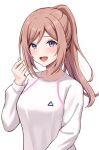  1girl :d absurdres blue_eyes blush brown_hair commentary finger_heart fingernails gakuen_idolmaster highres himesaki_rinami idolmaster long_sleeves looking_at_viewer miyuki_kotori ponytail shirt sidelocks simple_background smile solo upper_body white_background white_shirt 